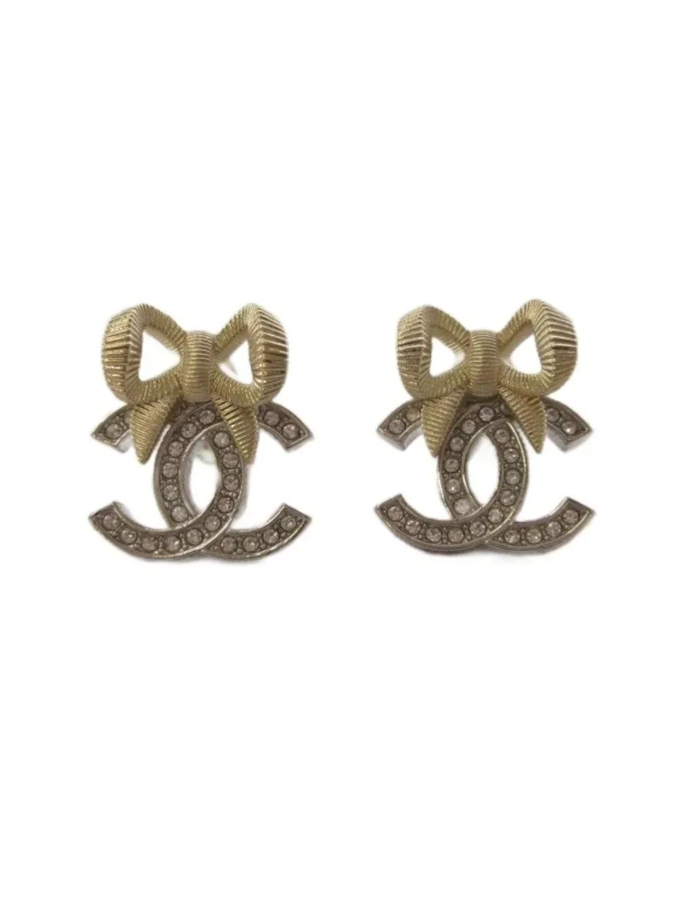 Chanel 24k CC Logo Ribbon Earrings Silver Color Gold KH
